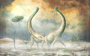 Reconstruction of a pair of <em>M. moyowamkia</em> in a rainstorm in Tanzania during the Cretaceous Period.